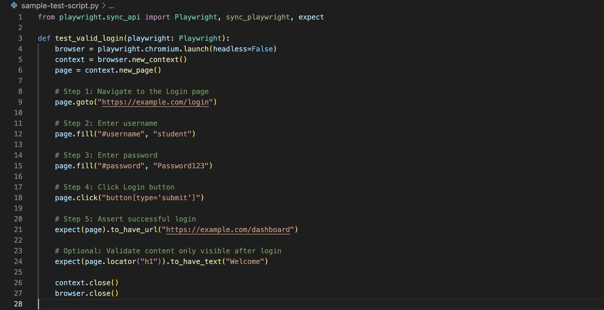 Sample Playwright test script written in Python
