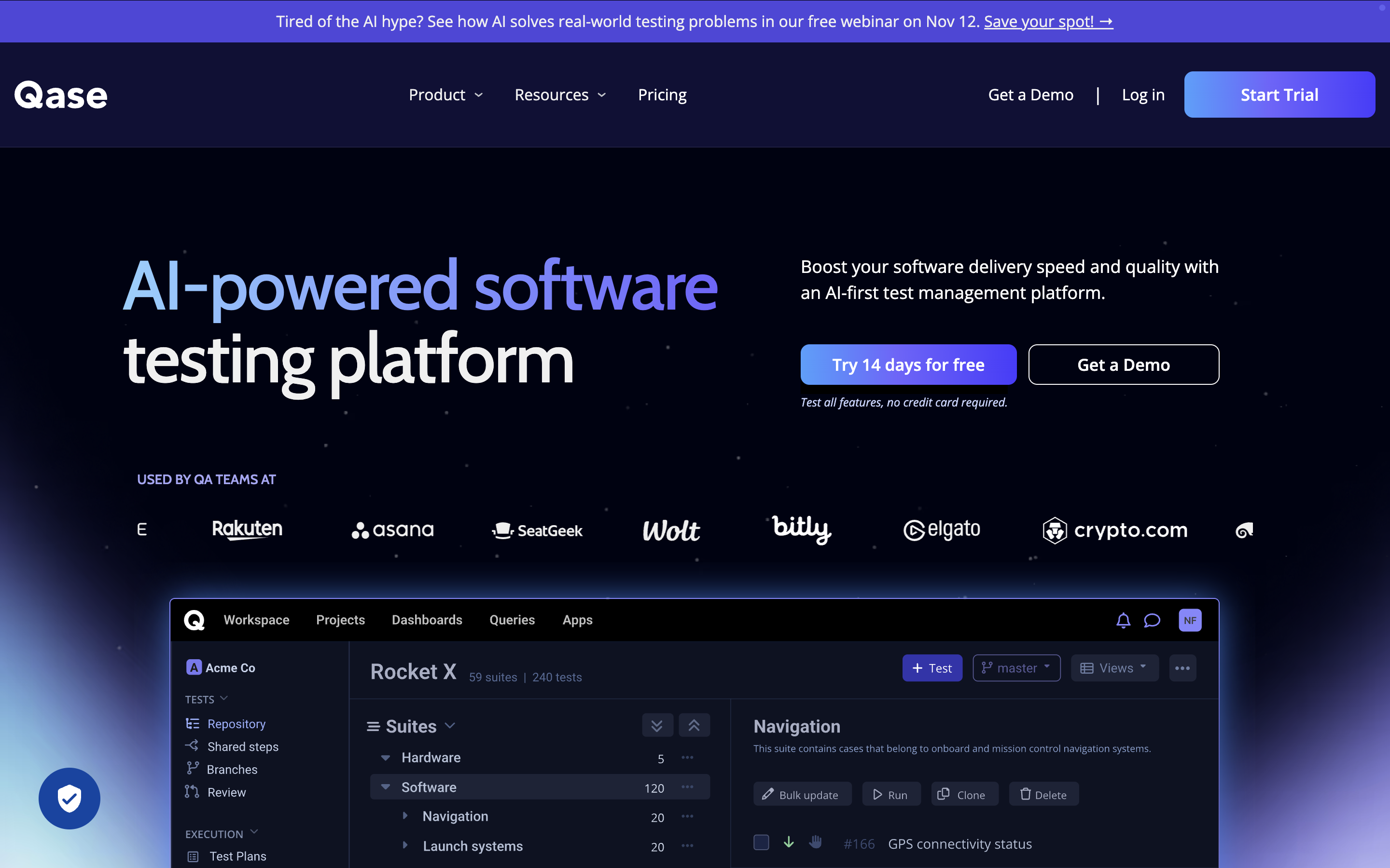 Qase test case repository and run tracking