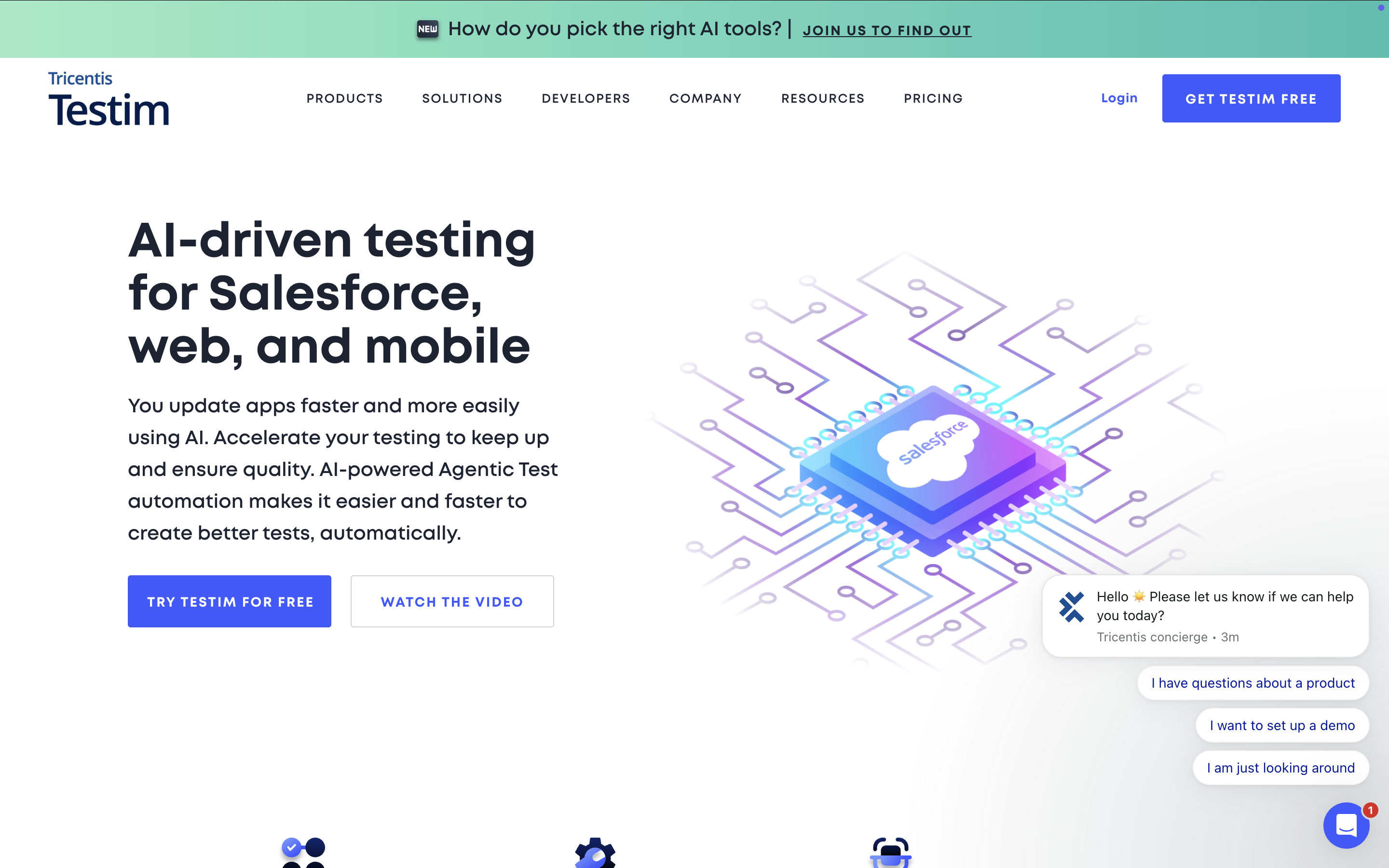 Testim test editor showing an AI-stabilized web test