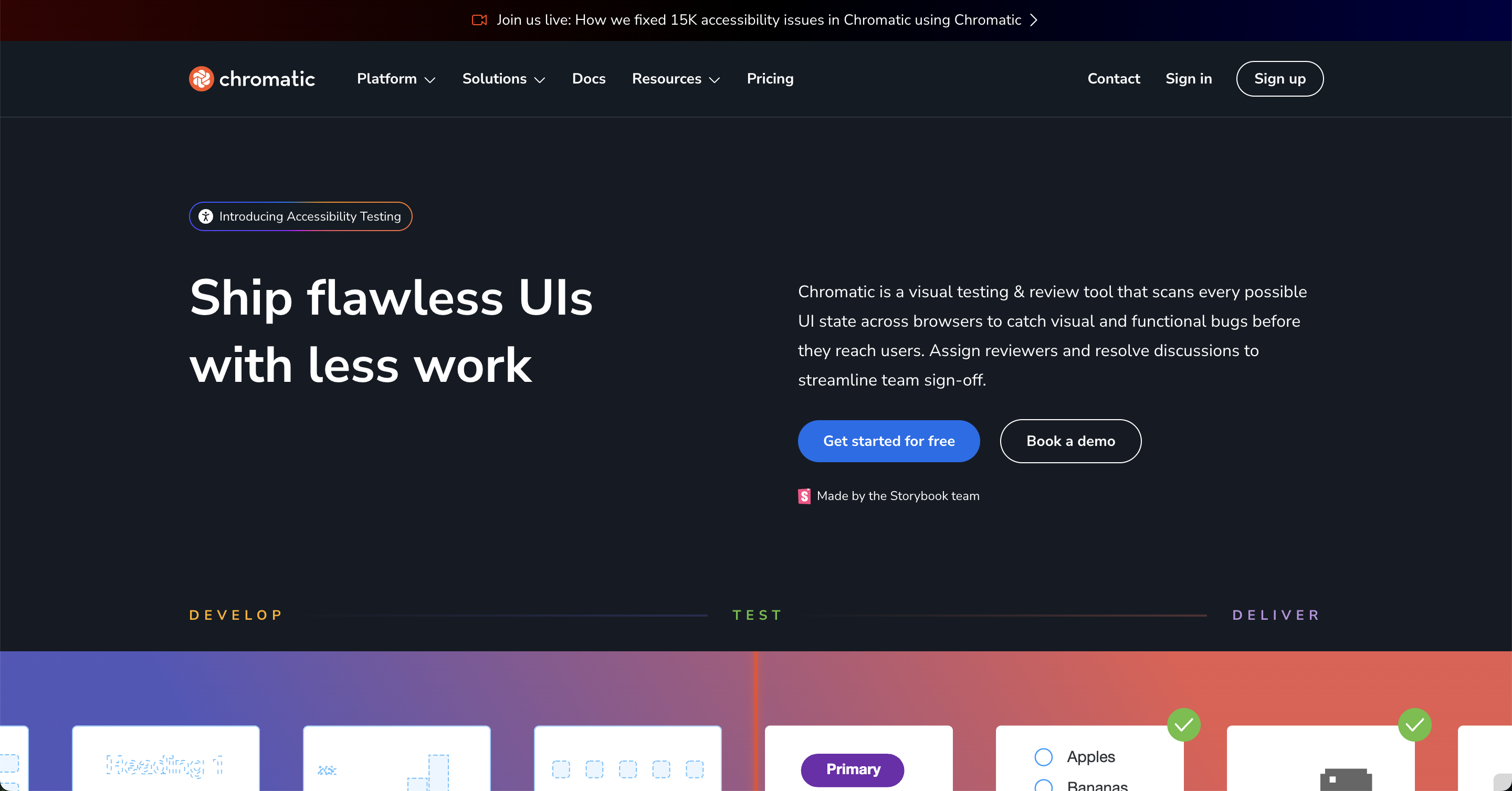 Chromatic visual testing and review platform for Storybook
