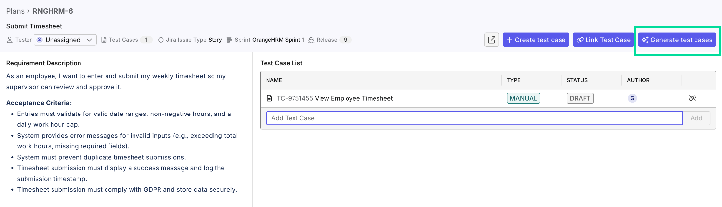 The Generate Test Cases button lives in the top-right corner of the requirement detail page.