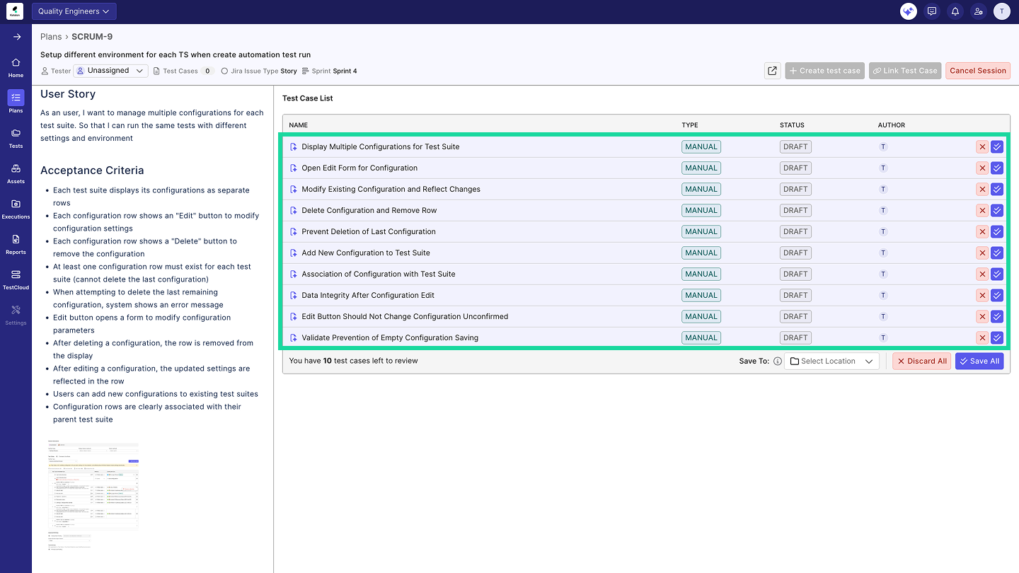 Generated test cases are highlighted in purple to distinguish them from existing ones. Review each one before approving.