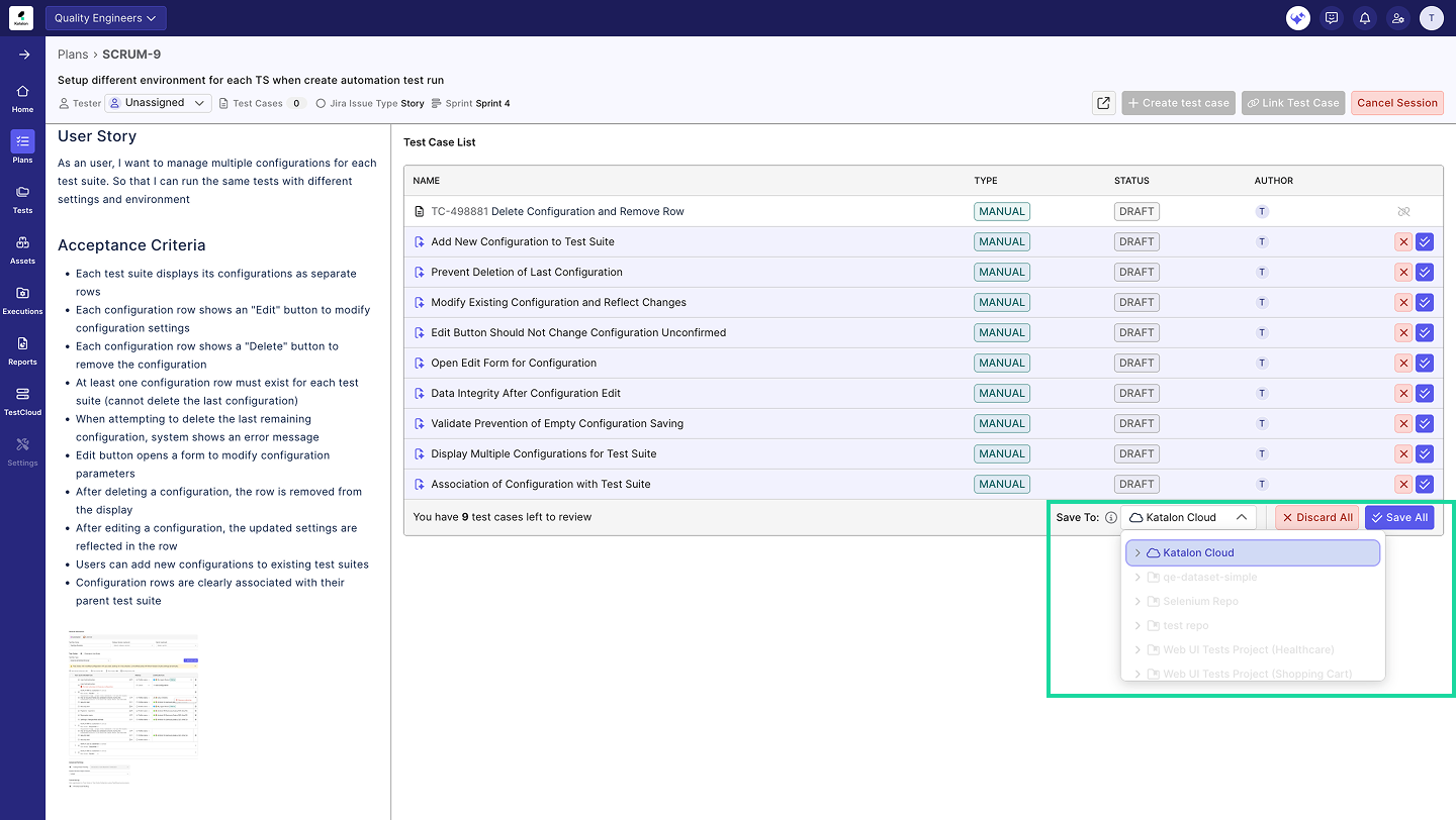 Use Save All once you have reviewed the full batch. Saved test cases are automatically linked back to the original requirement.